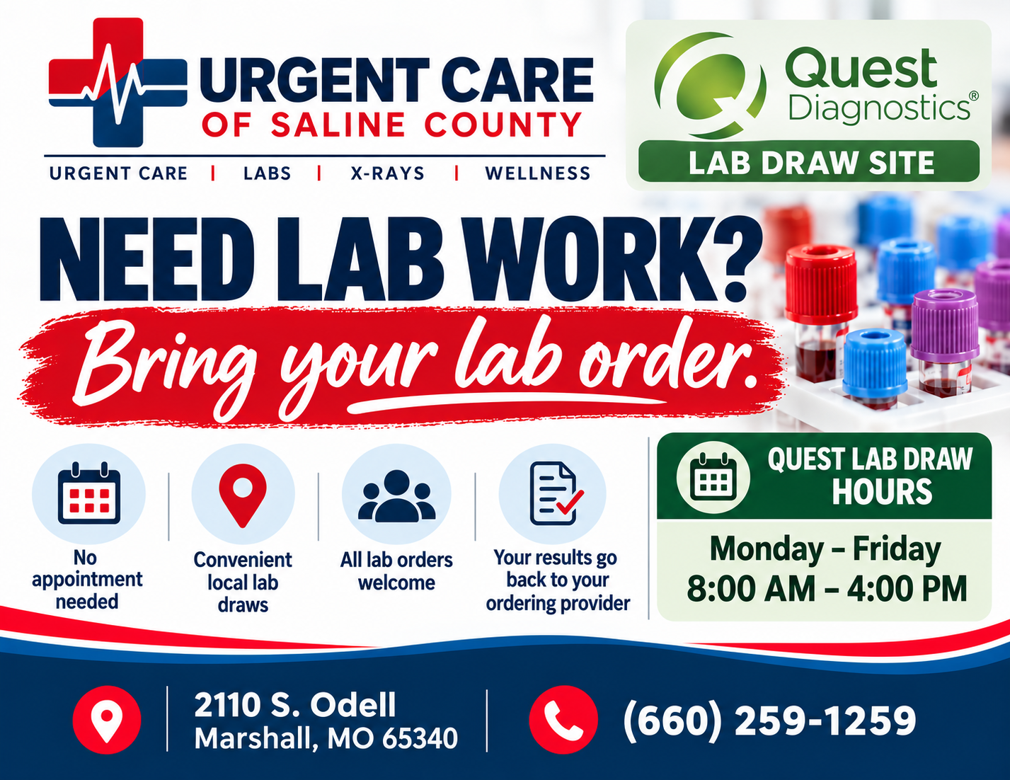 Quest lab draw site at Urgent Care of Saline County. No appointment needed; bring your lab order. Monday–Friday, 8 a.m.–4 p.m. 2110 S. Odell, Marshall, MO 65340. Phone 660-259-1259.